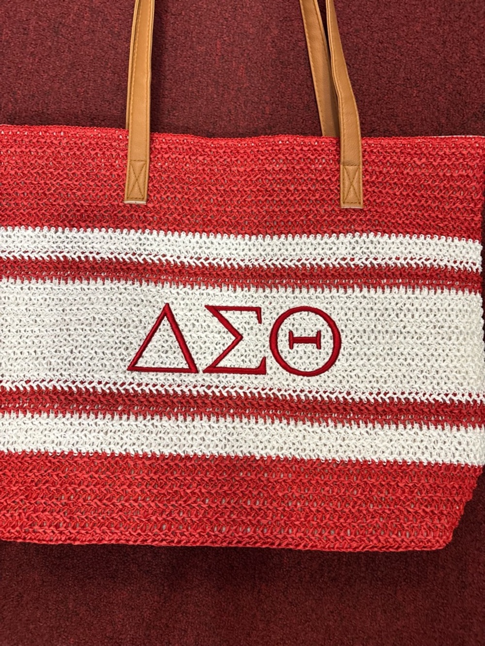 Delta Sigma Theta Red & White Striped  Tote Bag with Tan Handles - Picture 3 of 5